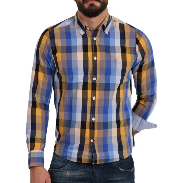 wawiHEROES GANT USA Herren Hemd Langarm MANHATTAN POPLIN in Blau/Gelb